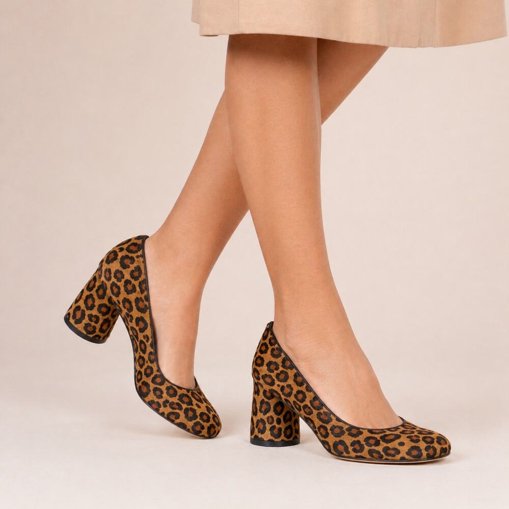 Donald Pliner Corin Leopard Pumps Size 5.5 Brown Calf Hair Block Heel Round Toe